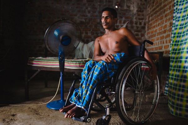 A Tamil man paralyzed by shelling during the final weeks of the Sri Lankan civil war.