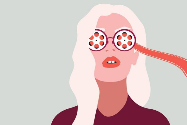 cartoon woman with film reels for eyeglasses