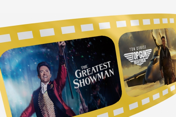 strip of film showing scene from the Greatest Showman and Top Gun 2