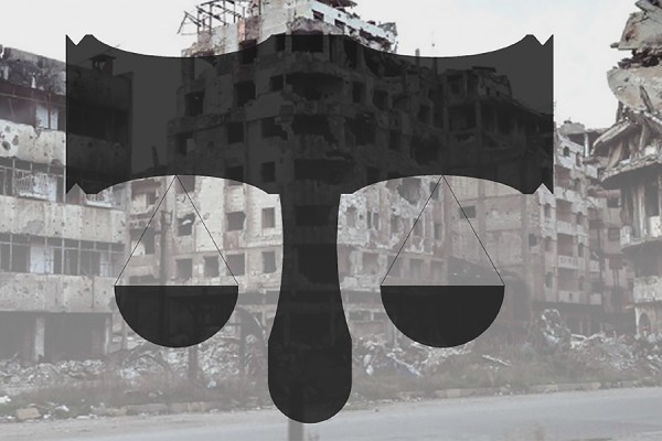 scales of justice in front of devastated city block