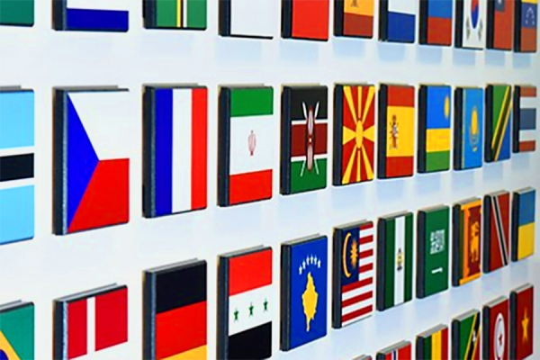 wall of flags in International Student Centre