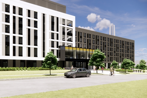 artiti&#039;s rendering of residence hall on Sunset avenue