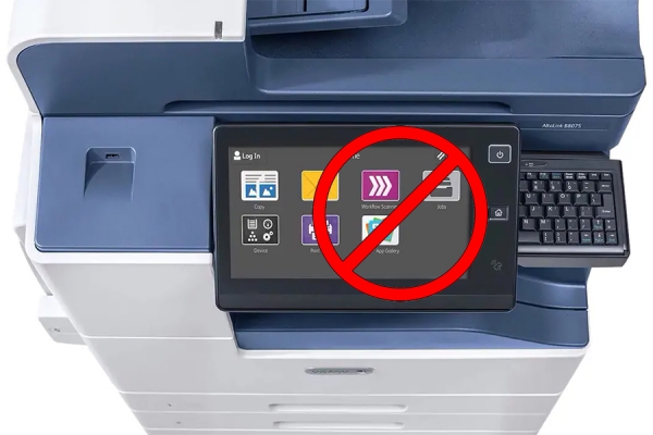 Printer with red circle and slash superimposed, indicating &quot;do not print&quot;