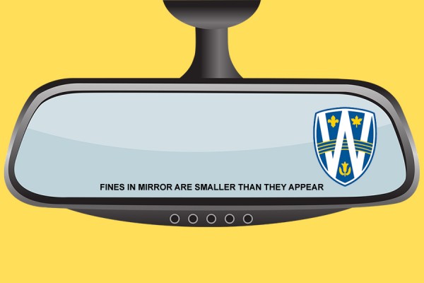 rear-view mirror with UWindsor shield logo and wording &quot;fines may be smaller than they appear&quot;