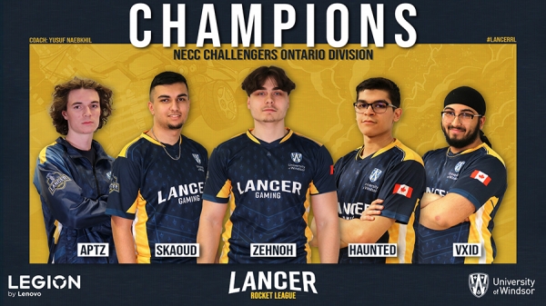 Members of Lancer Gaming in team uniforms under banner reading &quot;Champions&quot; :  Liam Keenan, Saif Kaoud, Luka Velimirovic, Hunter Thomas, and Harjot Bhamra.
