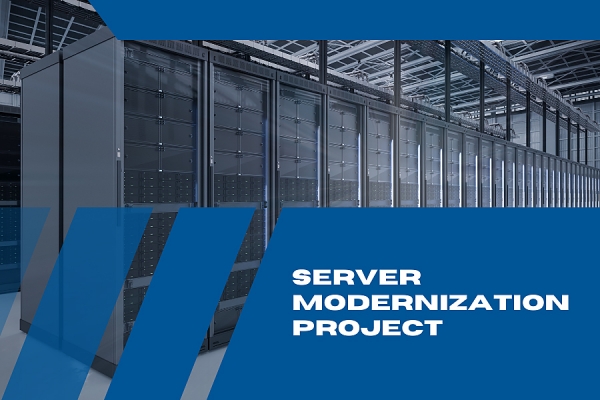 bank of servers labelled &quot;Server Modernization Project&quot;