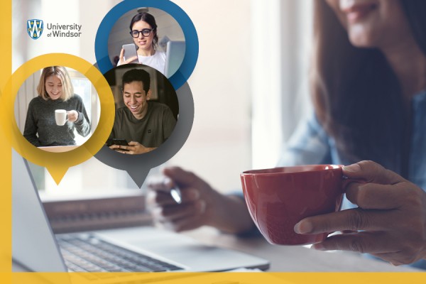 Person drinking coffee surrounded by icons of remote colleagues