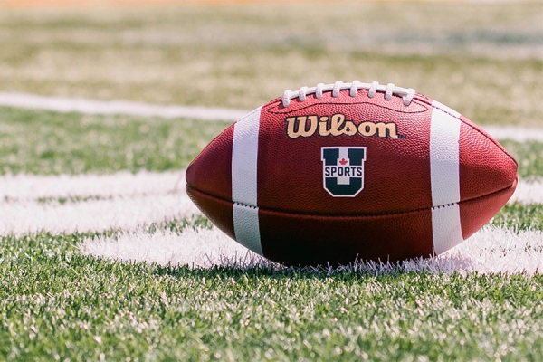 Football sitting on turf