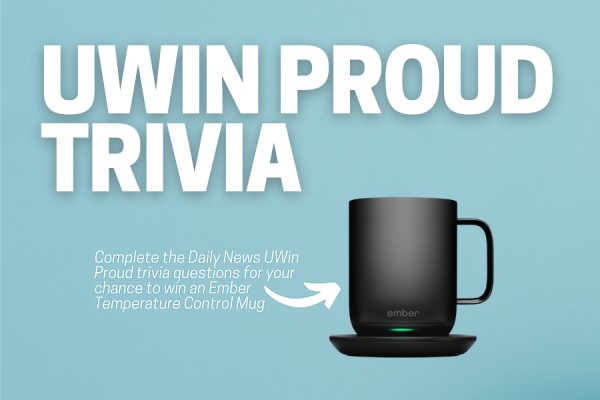 text: UWin Proud Trivia next to mug