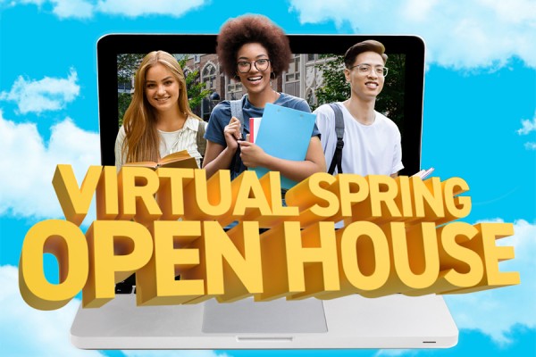 virtual open house image of students popping out from laptop computer