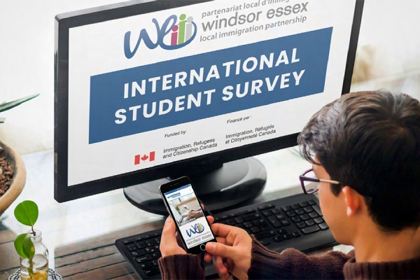 student contemplating survey on international student experience