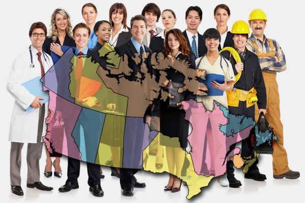 people of many professions behind map of Canada