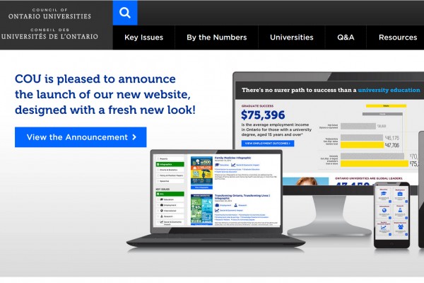 The Council of Ontario Universities’ newly designed website will feature an updated look, more user-friendly navigation, a mobile-friendly design, and improved search functionality.