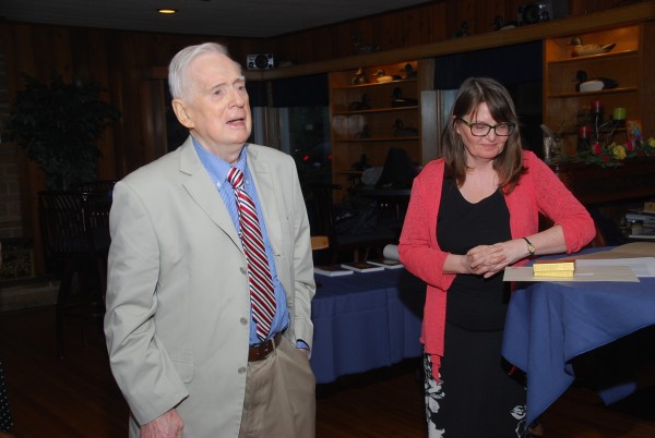 The political science professor emeritus Trevor Price (l.), who recently received the 2015 History Department Community Heritage Medal, with History professor Miriam Wright (r.), at the 2015 Botsford Dinner of the Essex County Historical Society. (Photo c