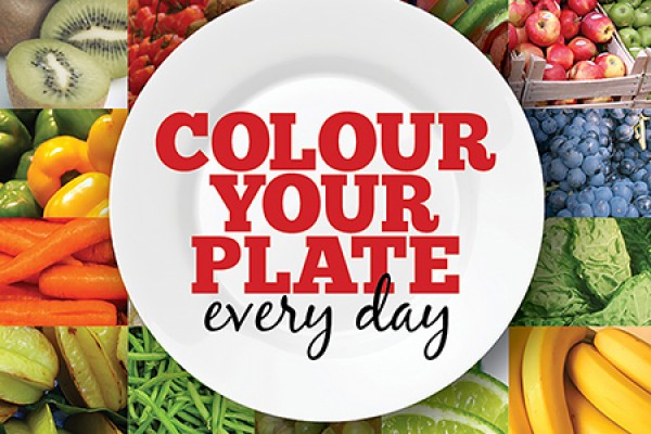 “Colour Your Plate” graphic -- plate with fruits and vegetables