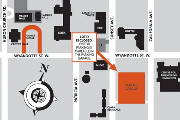 Map: Visitors to campus will park in the garage at Sunset and Wyandotte streets.