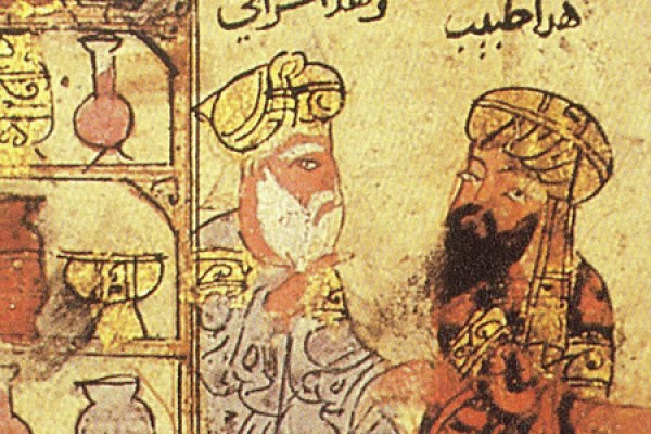 detail of Arabic artwork depicting a poetry reading