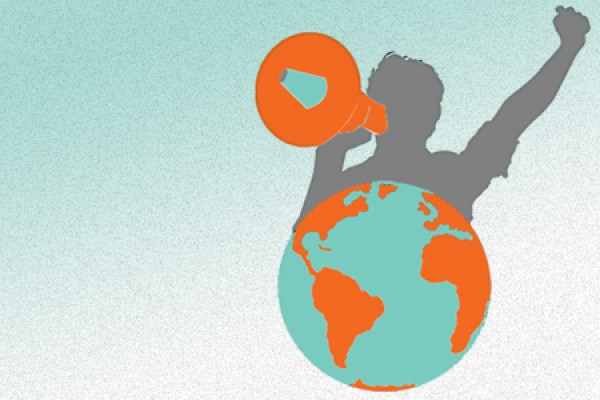 poster image: figure holding megaphone over globe
