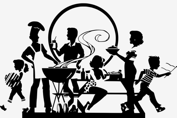 cartoon silhouette of family cookout