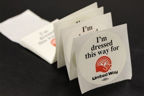 Stickers reading &quot;I am dressed this way for United Way&quot;