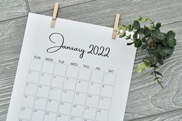 Calendar displaying January 2022