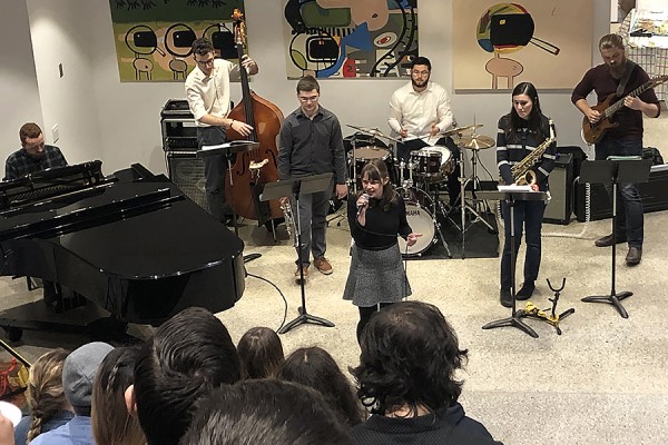 Vocalist Madeline Doornaert fronts a jazz combo of Sam Poole on piano, Noah Renault on bass, Matt Lepain on trumpet, Nick Baddeley on drums, Caterina Augimeri on saxophone, and Logan Fletcher on guitar.