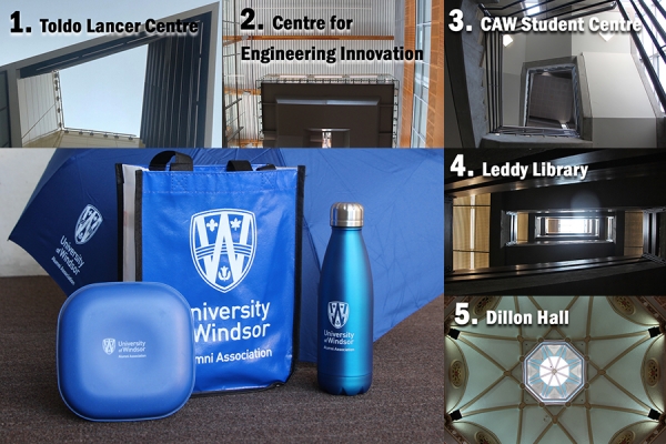 prize package of alumni swag surrounded by photos of campus buildings