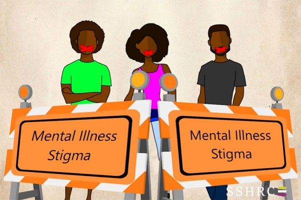 Cartoon image from the video -- people standing behinds signs &quot;Mental Illness Stigma&quot;