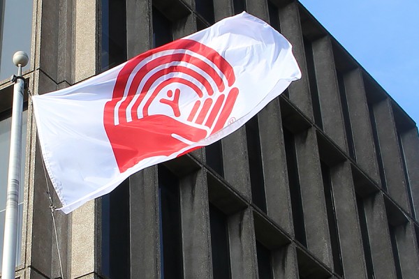 United Way flag flying outside Chrysler Hall Tower