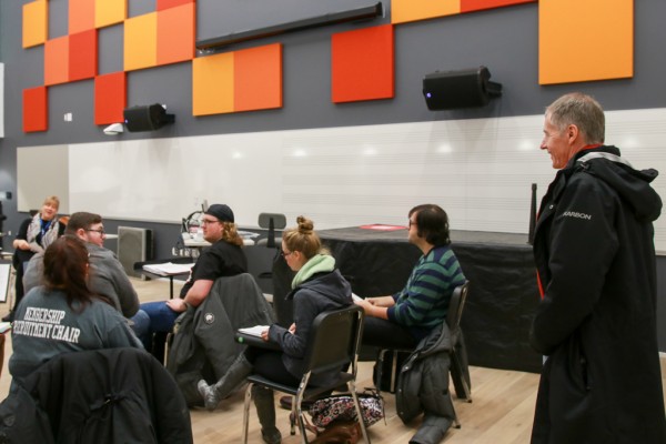 UWindsor President Alan Wildeman talks to a class on their first day in the new School of Creative Arts in downtown Windsor.