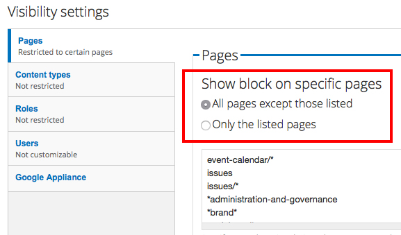 Fields for setting Block visibility