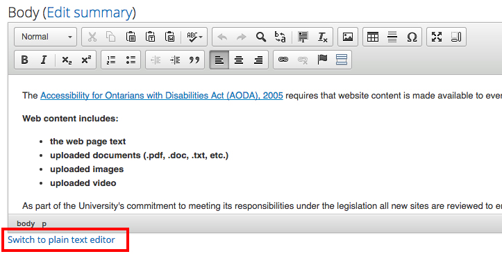 Body section of the Edit screen showing the Switch to Plain Text Editor link