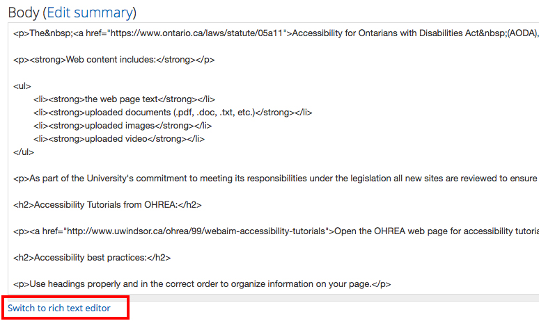 Body section in HTML code view showing Switch to rich text editor link