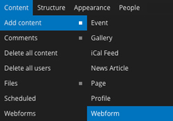 Main menu showing how to create a web form