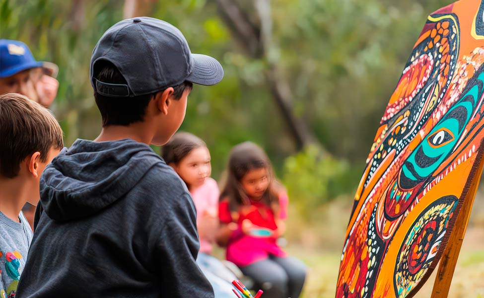 Students outdoors looking at Indigenous art