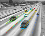 Cars on highway with tracking lines graphic