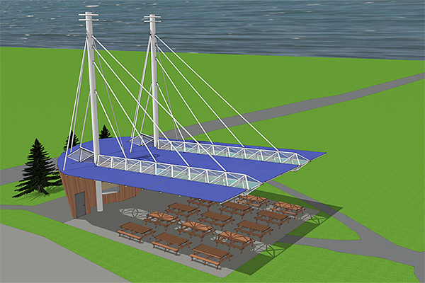 A pavilion designed by engineering students for Colchester Beach resembles a ship to complement the park theme.