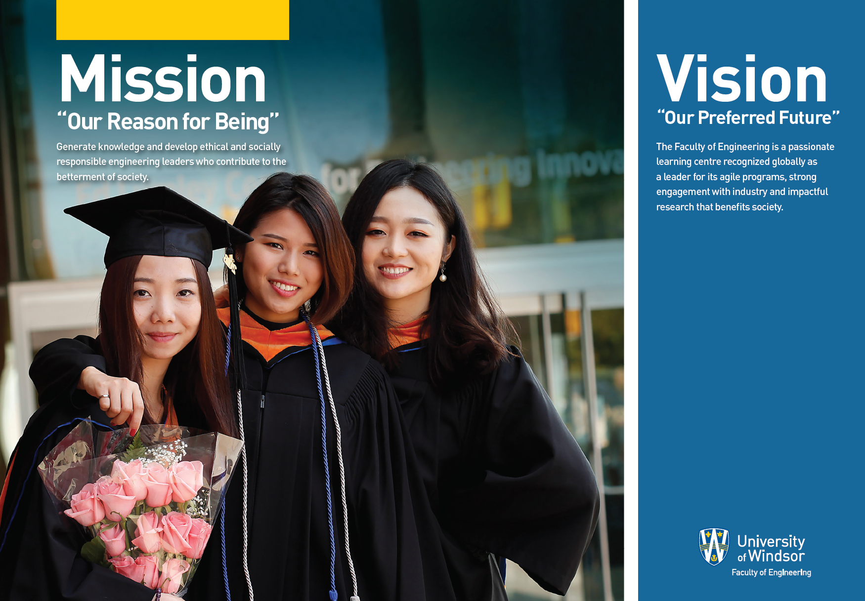 Three females wearing the graduation gown and holding the bouquet of roses.