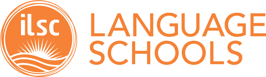 ILSC Language Schools logo. Circle with graphical sun rising above simplified waves.