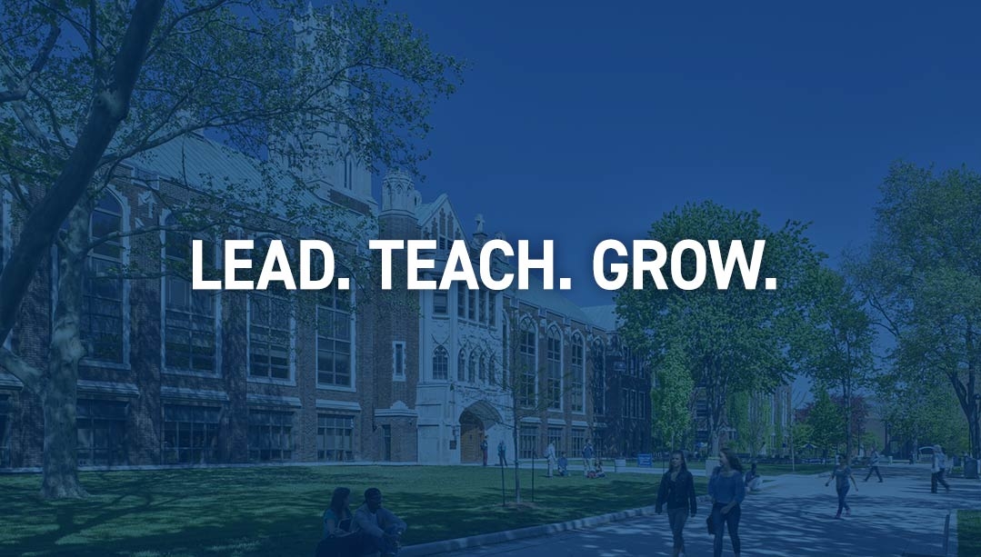 Dillon hall exterior with blue colour overlay with white title text that reads "Lead. Teach. Grow."