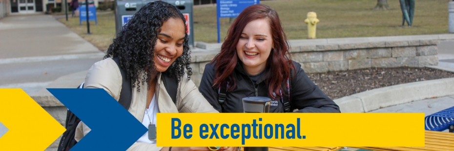 Students laughing - arrow pointing to "be exceptional"