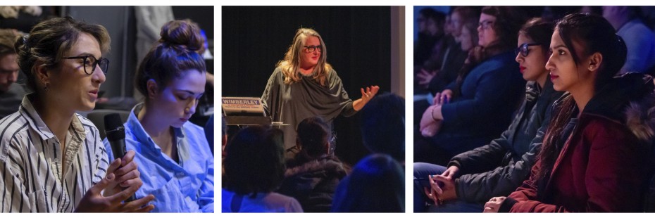 Girl asks question, Kim Sawchuk speaking, audience watching 