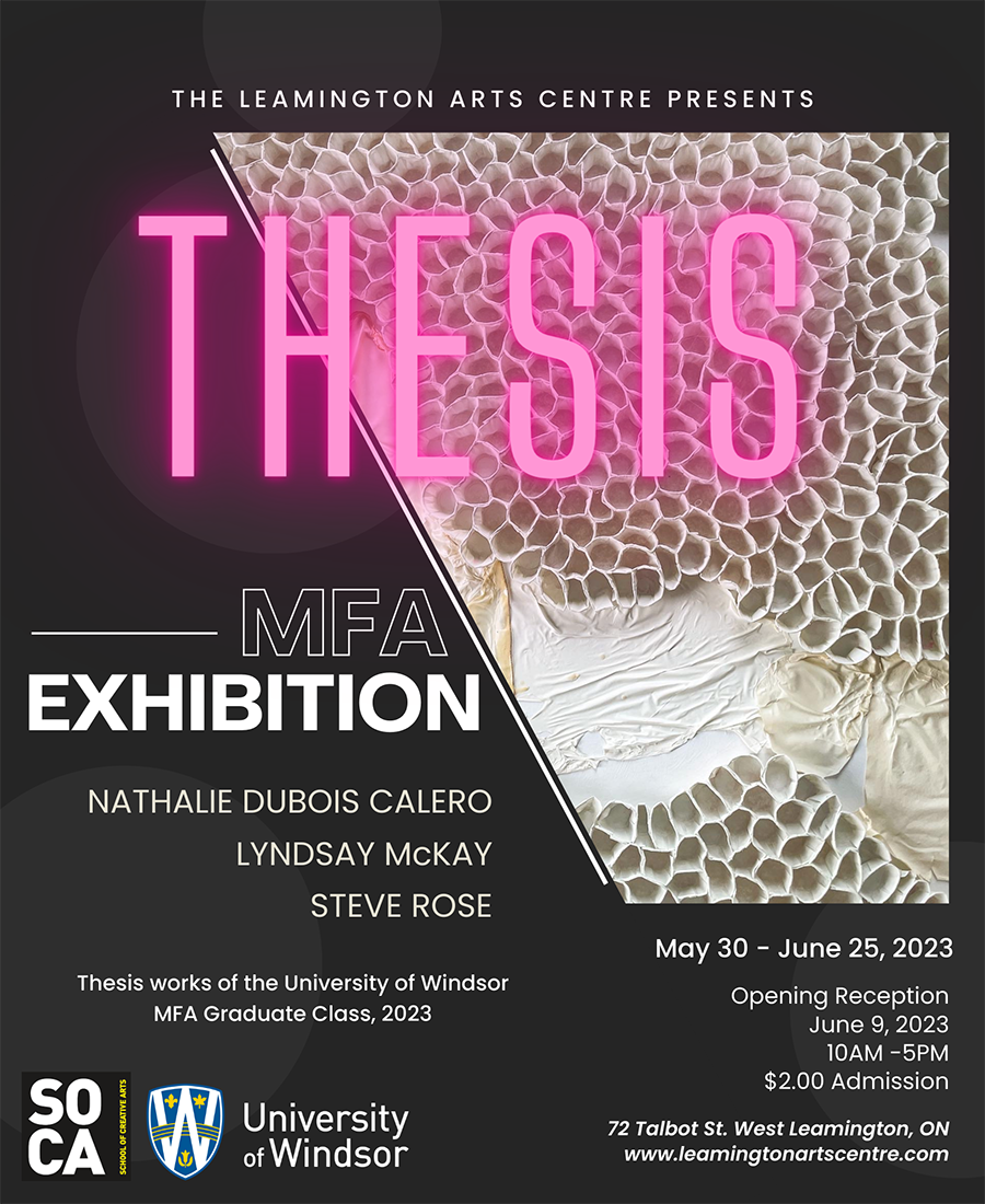 Graduating MFA, Visual Arts students, Nathalie Dubois Calero, Lyndsay McKay and Steve Rose are presenting an exhibition of their work at the Leamington Arts Centre