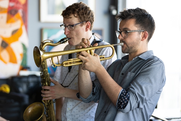 Ryan Bills and Austin Di Pietro are one-third of a jazz sextet playing Wednesday in Willistead Park. Photo by Jeff Dunn.