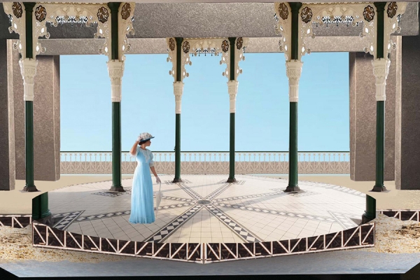 Set designer Nancy Perrin’s work for the University Players production of “Twelfth Night” is inspired by the Brighton Beach bandstand.