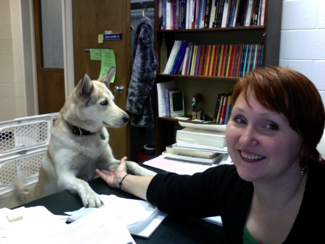 Dr. Catherine Hundleby and her dog Abbie in her office