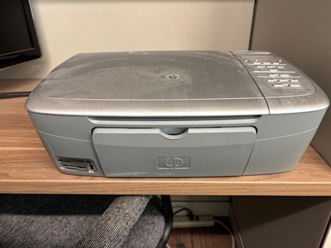 silver HP desktop printer no power cord