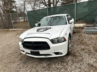 white dodge charger front university of windsor logo on hood