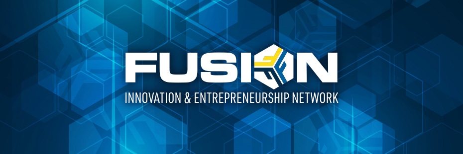 Fusion logo on top of bluish background with hexagonal shapes