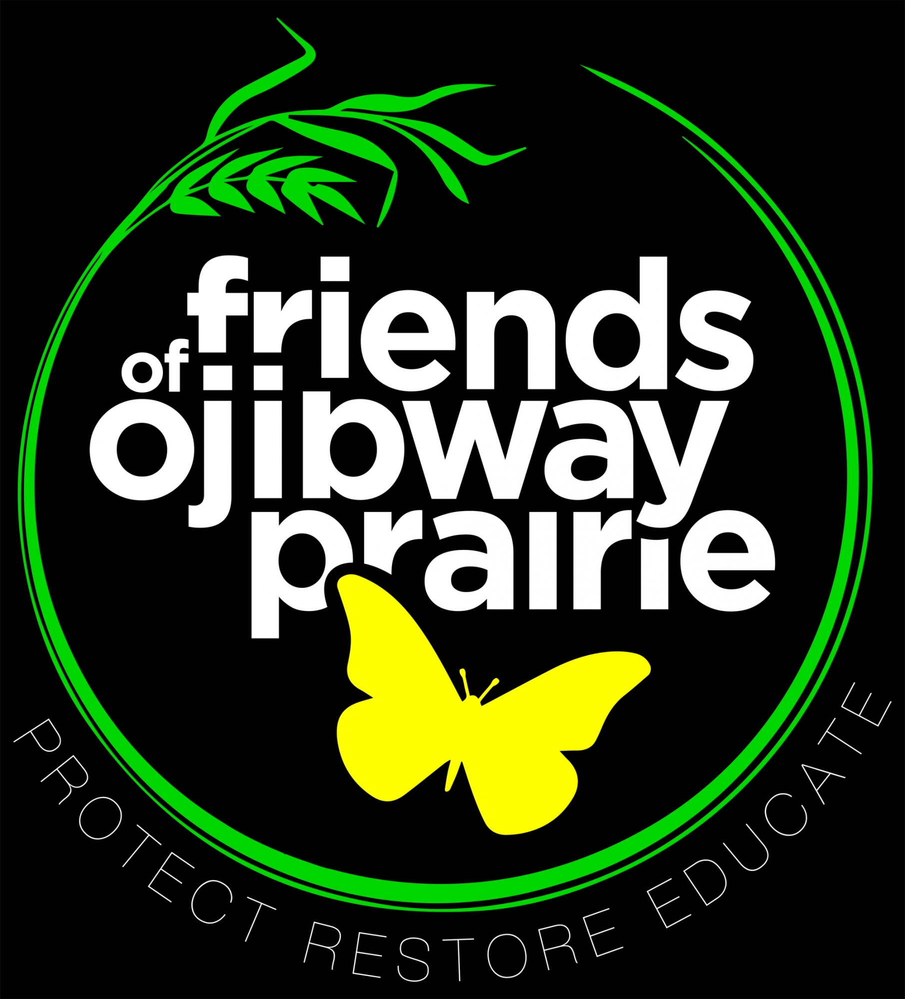 Logo for Friends of Ojibway Prairie showing grass and a butterfly